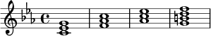 
\relative c' {
  \key c \minor
  \time 4/4
  <c ees g>1 |
  <f aes c>1 |
  <aes c ees>1 |
  <g b d f>1 |
}
