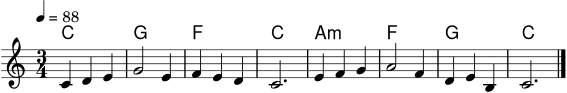 \version "2.22.0"
\header { tagline = ##f }
melodie = \relative c' {
\clef treble
\key c \major
\time 3/4
\tempo 4 = 88
c4 d e |
g2 e4 |
f4 e d |
c2. |
e4 f g |
a2 f4 |
d4 e b |
c2.
\bar "|."
}
akkorde = \chordmode {
c2. |
g2. |
f2. |
c2. |
a2.:m |
f2. |
g2. |
c2.
}
\score {
<<
\new ChordNames \akkorde
\new Staff \melodie
>>
\layout { }
\midi { }
}