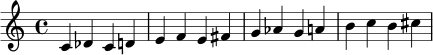 {
\clef treble
\time 4/4
c'4 des' c' d' | e' f' e' fis' | g' aes' g' a' | b' c'' b' cis'' |
}