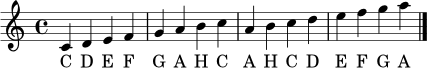 \relative c' { \clef treble \time 4/4 \key c \major c4 d e f g a b c a b c d e f g a \bar "|." }
\addlyrics { C D E F G A H C A H C D E F G A }