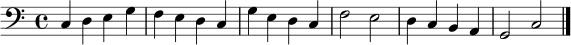 
\relative c {
  \clef bass
  \key c \major
  \time 4/4
  c4 d e g | f e d c | g'4 e d c | f2 e | d4 c b a | g2 c \bar "|."
}
