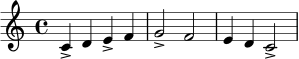 \relative c' {
\clef treble
\time 4/4
c4-> d e-> f | g2-> f | e4 d c2-> |
}