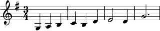 \relative c' {
\key g \major
\time 3/4
g4 a b |
c4 b d |
e2 d4 |
g2. |
}
