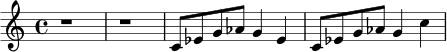 \version "2.24.0"
\relative c' {
\time 4/4
r1 |
r1 |
c8 ees g aes g4 ees |
c8 ees g aes g4 c |
}