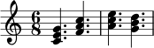 \relative c' {
\time 6/8
<c e g>4. <f a c>4. | <a c e>4. <g b d>4. |
}