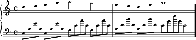 melodie = \relative c'' { \key c \major \time 4/4 c4 d e g | a2 g2 | e4 d c e | g1 \bar "|." }
links = \relative c { \clef bass \key c \major \time 4/4 c8 g' e' g, c, g' e' g, | f8 c' a' c, f, c' a' c, | g8 d' b' d, g, d' b' d, | c8 g' e' g, c,2 \bar "|." }
\score {
\new PianoStaff <<
\new Staff { \melodie }
\new Staff { \links }
>>
\layout { }
\midi { \tempo 4 = 96 }
}