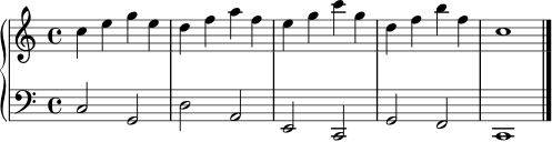 \version "2.24.0"
\score {
\new PianoStaff <<
\new Staff = "right" \relative c'' {
\clef treble
\key c \major
\time 4/4
c4 e g e | d f a f | e g c g | d f b f | c1 \bar "|."
}
\new Staff = "left" \relative c {
\clef bass
\key c \major
\time 4/4
c2 g | d' a | e c | g' f | c1
}
>>
\layout { }
\midi { \tempo 4 = 84 }
}