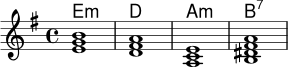 <<
\new ChordNames \chordmode { e1:m d a:m b:7 }
\new Staff \relative c' {
\key e \minor
<e g b>1 | <d fis a> | <a c e> | <b dis fis a> |
}
>>