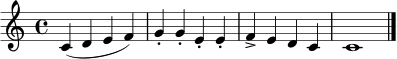 \relative c' { \clef treble \key c \major \time 4/4 c4( d e f) | g-. g-. e-. e-. | f-> e d c | c1 \bar "|." }