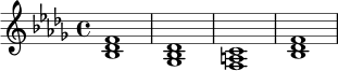 \relative c' {
\key bes \minor
\time 4/4
<bes des f>1 |
<ges bes des>1 |
<f a c>1 |
<bes des f>1 |
}