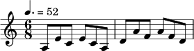 \relative c' {
\key a \minor
\time 6/8
\tempo 4. = 52
a8 e' c e c a | d a' f a f d |
}