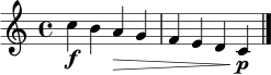 \relative c'' { \clef treble \time 4/4 c4\f b a\> g | f e d c\!\p \bar "|." }