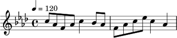 \relative c'' {
\tempo 4 = 120
\time 4/4
\key f \minor
c8 aes f aes c4 bes8 aes |
f8 aes c ees c4 aes |
}
