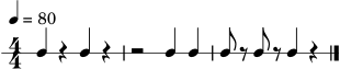 \version "2.22.0"
\header { tagline = "" }
\score {
\new RhythmicStaff {
\numericTimeSignature
\time 4/4
\tempo 4 = 80
c4 r4 c4 r4 | r2 c4 c4 | c8 r8 c8 r8 c4 r4 \bar "|."
}
\layout { }
\midi { }
}