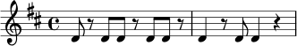\version "2.24.0"
\relative c' {
\key d \major
\time 4/4
d8 r d d r d d r |
d4 r8 d d4 r4 |
}
