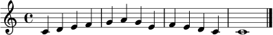 \relative c' {
\clef treble
\key c \major
\time 4/4
c4 d e f | g4 a g e | f4 e d c | c1 \bar "|."
}
