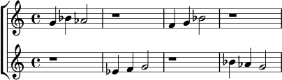 
\new ChoirStaff <<
  \new Staff { \relative c'' {
    \time 4/4
    g4 bes aes2 |
    r1 |
    f4 g bes2 |
    r1
  } }
  \new Staff { \relative c' {
    \time 4/4
    r1 |
    ees4 f g2 |
    r1 |
    bes4 aes g2
  } }
>>
