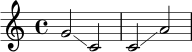 \relative c'' {
\time 4/4
g2\glissando c,2 | c2\glissando a'2
}