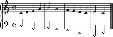 \version "2.18.2"
\score {
\new PianoStaff <<
\new Staff = "right" \relative c' {
\clef treble
\key c \major
\time 4/4
c4 d e g | a2 g | f4 e d c | d2 c \bar "|."
}
\new Staff = "left" \relative c {
\clef bass
\key c \major
\time 4/4
c2 g | a g | f c | g c \bar "|."
}
>>
\layout { }
\midi { }
}