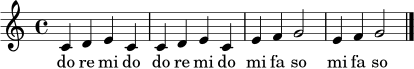 \relative c' { \clef treble \time 4/4 \key c \major c4 d e c c d e c e f g2 e4 f g2 \bar "|." }
\addlyrics { do re mi do do re mi do mi fa so mi fa so }