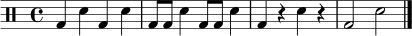 
\new DrumStaff \drummode {
  \time 4/4
  bd4 sn4 bd4 sn4 |
  bd8 bd8 sn4 bd8 bd8 sn4 |
  bd4 r4 sn4 r4 |
  bd2 sn2 \bar "|."
}
