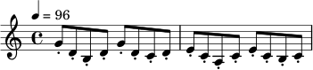 
\relative c'' {
\time 4/4
\tempo 4 = 96
g8-. d-. b-. d-. g-. d-. c-. d-. |
e8-. c-. a-. c-. e-. c-. b-. c-. |
}

