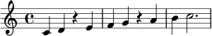 \relative c' { \clef treble \key c \major \time 4/4 c4 d r e | f g r a | b c2. | }