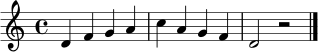 \relative d' { \time 4/4 \key d \dorian d4 f g a | c a g f | d2 r2 \bar "|." }