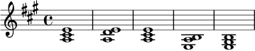 \relative c' {
\key a \major
\time 4/4
<a cis e>1 | <a d e>1 | <a cis e>1 | <e a b>1 | <e gis b>1
}
