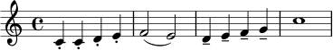 {
\clef treble
\key c \major
\time 4/4
c'4-. c'4-. d'4-. e'4-. | f'2( e'2) | d'4-- e'4-- f'4-- g'4-- | c''1
}