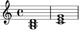 \relative c' {
\key c \major
\time 4/4
<g b d>1 | <c e g>1
}