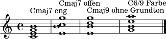\relative c' {
\clef treble
\time 4/4
<c e g b>1^\markup "Cmaj7 eng"
<e b' c g'>1^\markup "Cmaj7 offen"
<e b' d g>1^\markup "Cmaj9 ohne Grundton"
<g b e a>1^\markup "C6/9 Farbe"
\bar "|."
}