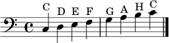 \version "2.22.0"
\paper { indent = 0\mm tagline = ##f }
\score {
\relative c {
\clef bass
\time 4/4
c4^\markup { "C" } d^\markup { "D" } e^\markup { "E" } f^\markup { "F" }
g^\markup { "G" } a^\markup { "A" } b^\markup { "H" } c^\markup { "C" }
\bar "|."
}
\layout { }
\midi { \tempo 4 = 76 }
}