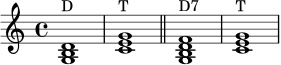 \language "deutsch"
\relative c' {
\clef treble
\key c \major
<g h d>1^\markup { "D" }
<c e g>1^\markup { "T" }
\bar "||"
<g h d f>1^\markup { "D7" }
<c e g>1^\markup { "T" }
}