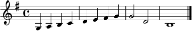 \relative c' { \clef treble \time 4/4 \key g \major g4 a b c | d e fis g | g2 d | b1 \bar "|." }