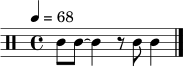 \relative c' { \clef percussion \time 4/4 \tempo 4 = 68 c8 c8~ c4 r8 c8 c4 \bar "|." }