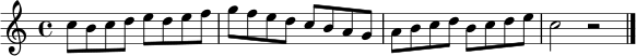 \relative c'' { \key c \major \time 4/4 c8 b c d e d e f | g f e d c b a g | a b c d b c d e | c2 r2 \bar "|." }
