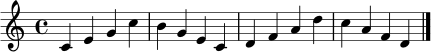 \relative c' { \clef treble \time 4/4 c4 e g c | b g e c | d f a d | c a f d | \bar "|." }