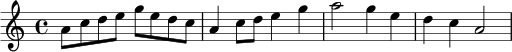 
\relative c'' {
  \key a \minor
  \time 4/4
  a8 c d e g e d c |
  a4 c8 d e4 g |
  a2 g4 e |
  d4 c a2 |
}
