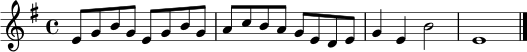 \relative c' {
\clef treble
\key e \minor
\time 4/4
e8 g b g e g b g | a c b a g e d e | g4 e b'2 | e,1 \bar "|."
}