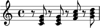 \relative c' {
\key c \major
\time 4/4
r8 <c e g>8 r8 <c e g>8 r8 <f a c>8 r8 <g b d>8
}