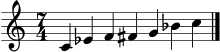 \version "2.22.0"
\language "deutsch"
\header { tagline = "" }
\score {
\new Staff \relative c' {
\clef treble
\time 7/4
c4 es f fis g b c
\bar "|."
}
\layout { }
\midi { \tempo 4 = 82 }
}