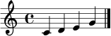 \relative c' {
\clef treble
\time 4/4
c4 d e g \bar "|."
}