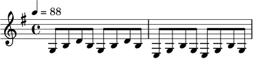 \relative c' {
\key g \major
\time 4/4
\tempo 4 = 88
g8 b d b g b d b | e,8 g b g e g b g |
}