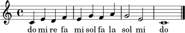 \relative c' {
\time 4/4
c4 e d f | e g f a | g2 e2 | c1 \bar "|."
}
\addlyrics { do mi re fa mi sol fa la sol mi do }