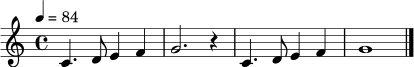 \relative c' { \set Staff.midiInstrument = "acoustic grand" \tempo 4 = 84 \clef treble \time 4/4 c4. d8 e4 f4 | g2. r4 | c,4. d8 e4 f4 | g1 \bar "|." }