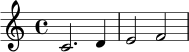 \relative c' { \time 4/4 c2. d4 | e2 f2 | }