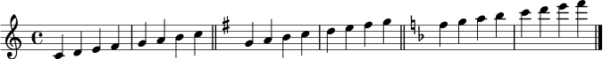 \relative c' {
\clef treble
\key c \major
\time 4/4
c4 d e f | g a b c \bar "||"
\key g \major
g4 a b c | d e fis g \bar "||"
\key f \major
f4 g a bes | c d e f \bar "|."
}