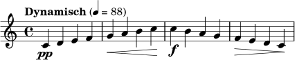 \relative c' { \tempo "Dynamisch" 4=88 \key c \major \time 4/4 c4\pp d e f | g4\< a b c\! | c4\f b a g | f4\> e d c\! | }