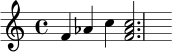 
\relative c' {
  \clef treble
  \time 4/4
  f4 aes c <f, aes c>2.
}
